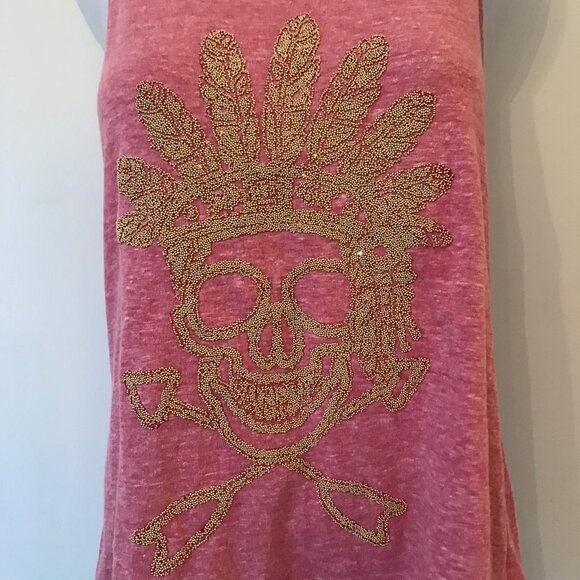 The Clas-sic Skull Tee Tank Top Beaded Pink Heathered Shirt with Fringe Sz Large - Picture 6 of 16
